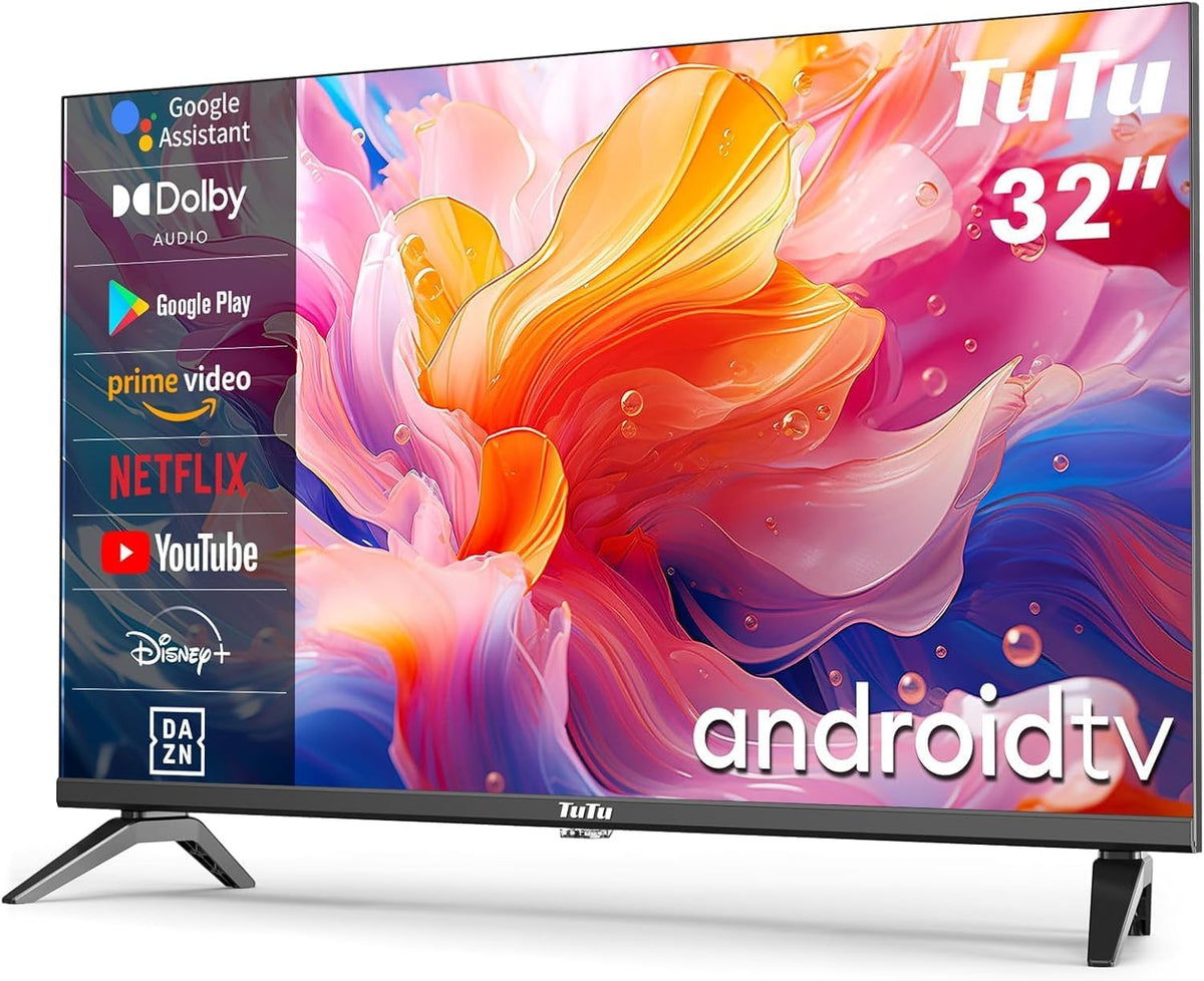 Téléviseur TuTu TUS32HD1A, Wi-Fi, 32 Pouces, 80 cm, 100 × 100 mm, 100 × 100mm, 3.7KG, DVB-T/T2, DVB-S/S2, Bluetooth, éclairage LED, Android TV