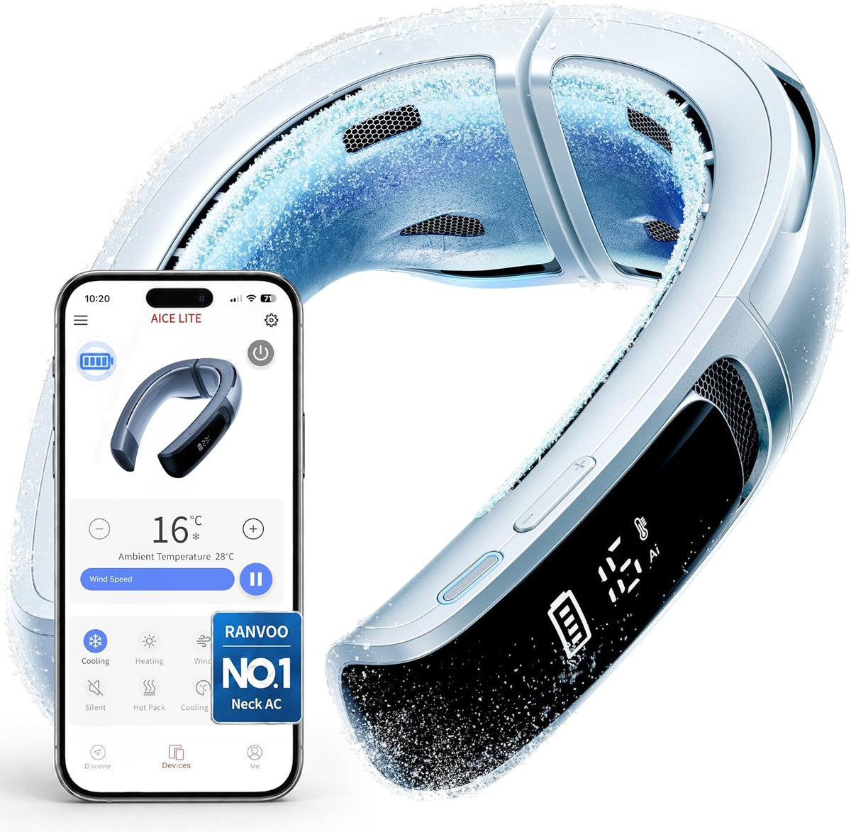 RANVOO Climatiseur, 6000mAh, Cadeau Été Idéal pour Maman, 22°C, 42°C, 15W, Ventilateur de Cou Rechargeable 6000mAh, Blanc Polaire