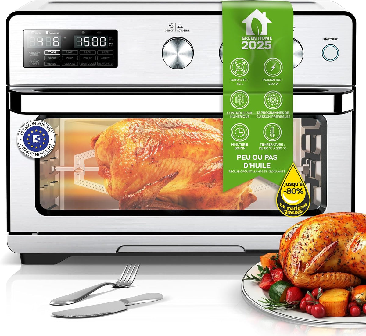 TurboTronic By Z-LINE Friteuse sans huile, pour poulet, Four à air chaud numérique XXL 32L avec rôtissoire, éclairage LED