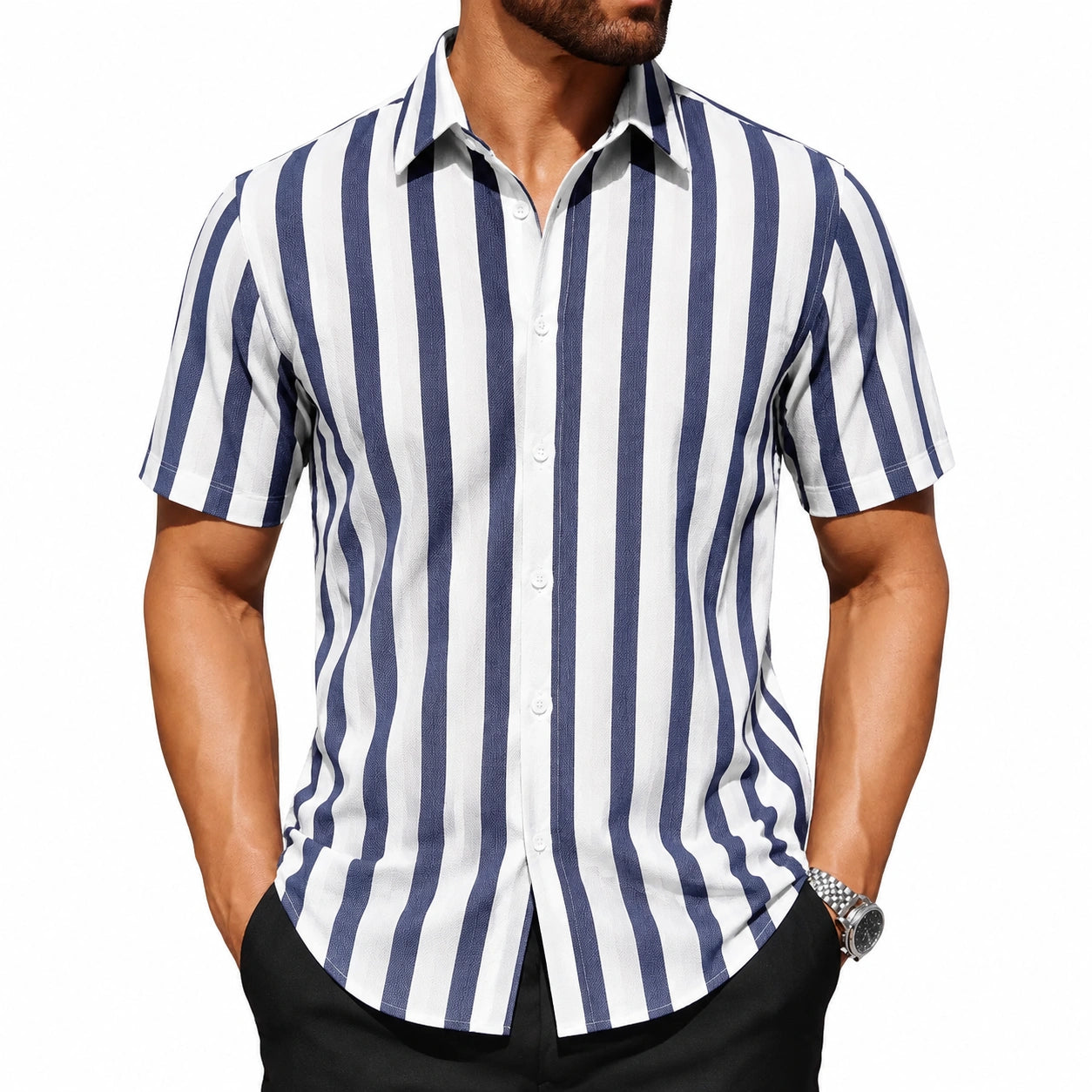 Chemise homme taille L en tissu tissé blanc bleu à rayures verticales manches courtes style décontracté