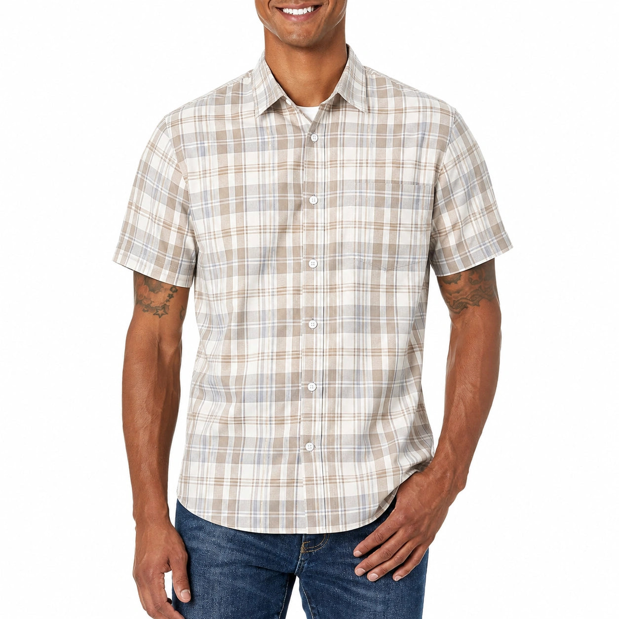 Chemise homme taille M en tissu à carreaux beige gris à manches courtes coupe droite