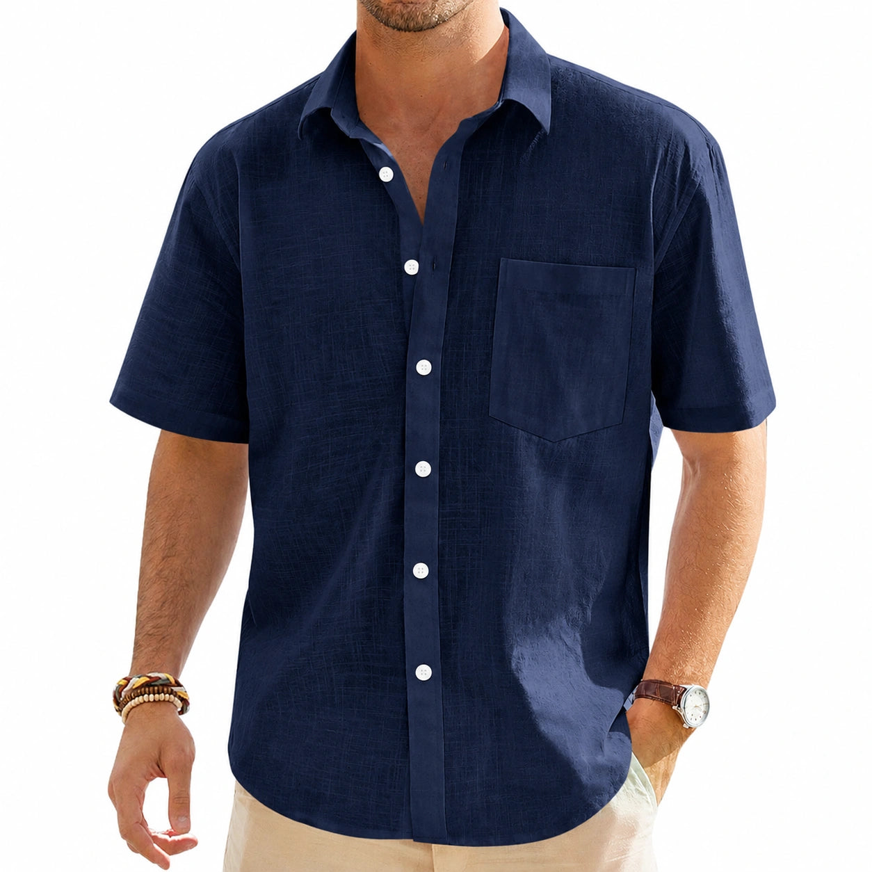 Chemise homme M bleu marine à manches courtes en tissu texturé style décontracté