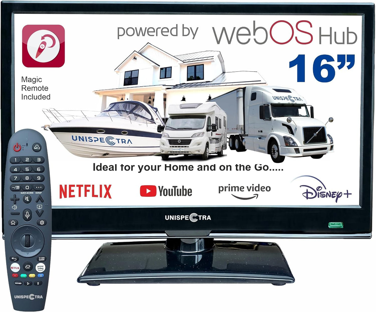 Unispectra Téléviseur, télécommande, 75 × 75 mm, 16 pouces, 230 V, 12v, 230v, 24v, Wi-Fi, Bluetooth, USB, webOS, Full HD, portable, HDMI