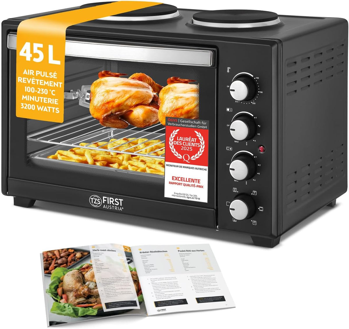 Four à pizza, Mini-Four avec plaques de cuisson 45L 3200 W, acier inoxydable, TZS First Austria, 20 L, 6 modes, 230°C, 3200W