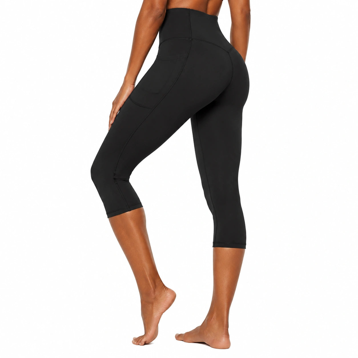Legging de sport corsaire M noir en tissu extensible taille haute avec poche