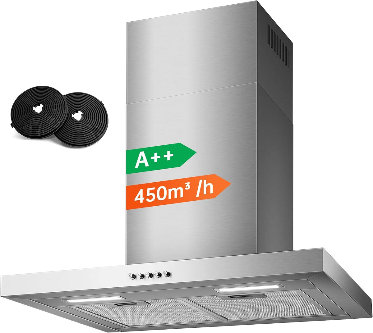 Hotte aspirante Top, éclairage LED, 3 Vitesses, Inox 430, 60 cm, 65 dB, 55 W, 0, 5 W, 150 mm, 3 niveaux, 3 Vitesses Mécanique, 60cm