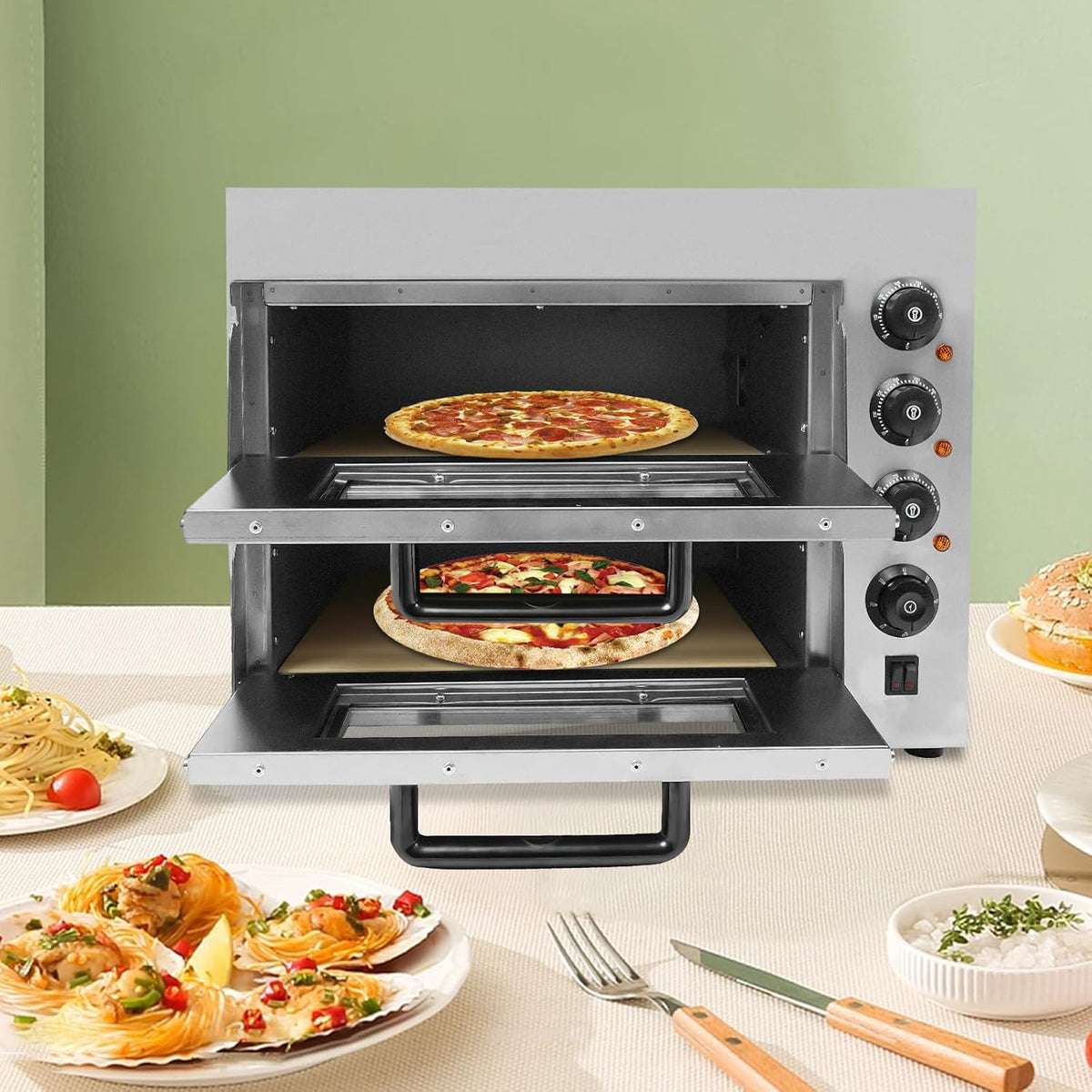 Four à pizza, double chambre, 3000 W, réglable, acier inoxydable, 14 pouces, 350 °C, température jusqu'à 350 °C, minuterie