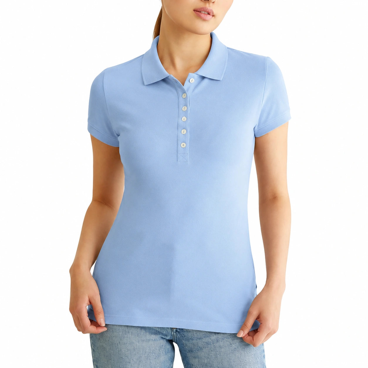 Polo femme taille S en maille piquée bleu clair à manches courtes