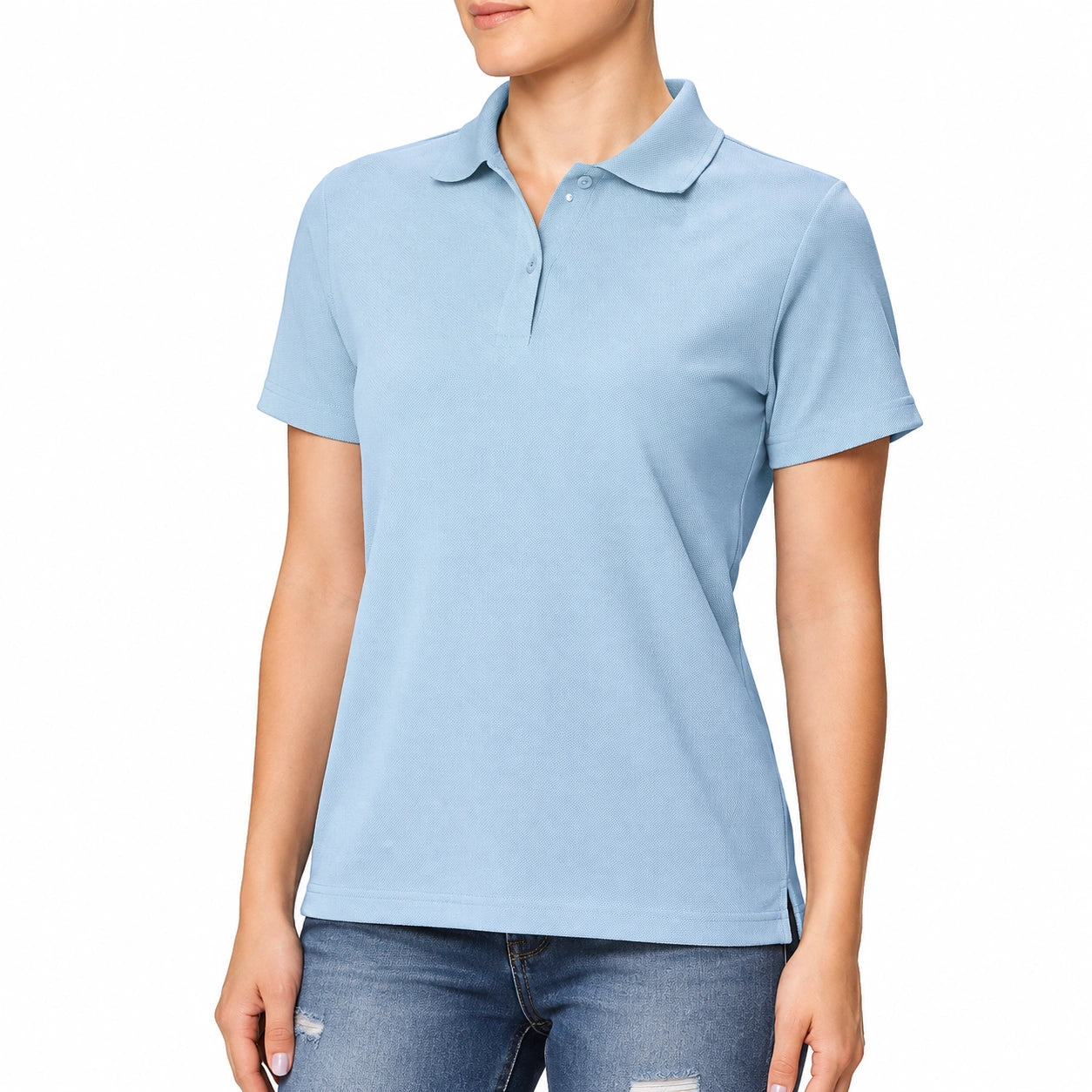Polo femme taille M bleu clair en maille piquée à manches courtes style décontracté
