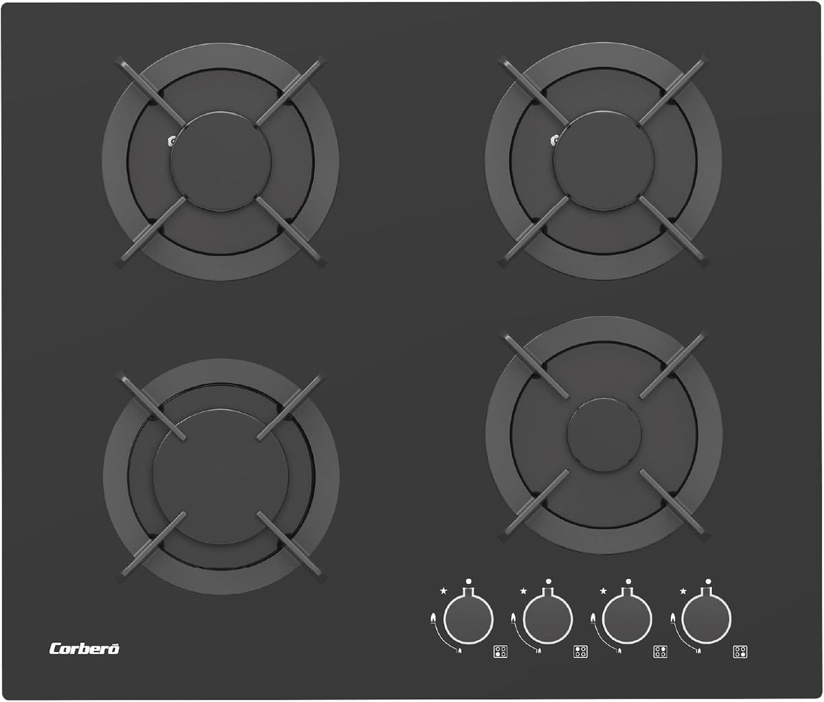 Plaque de cuisson Corbero CPG406N, 60 cm, verre, 2 700 W, 130 mm, 4 zones, 7, 2 kW, 4 brûleurs