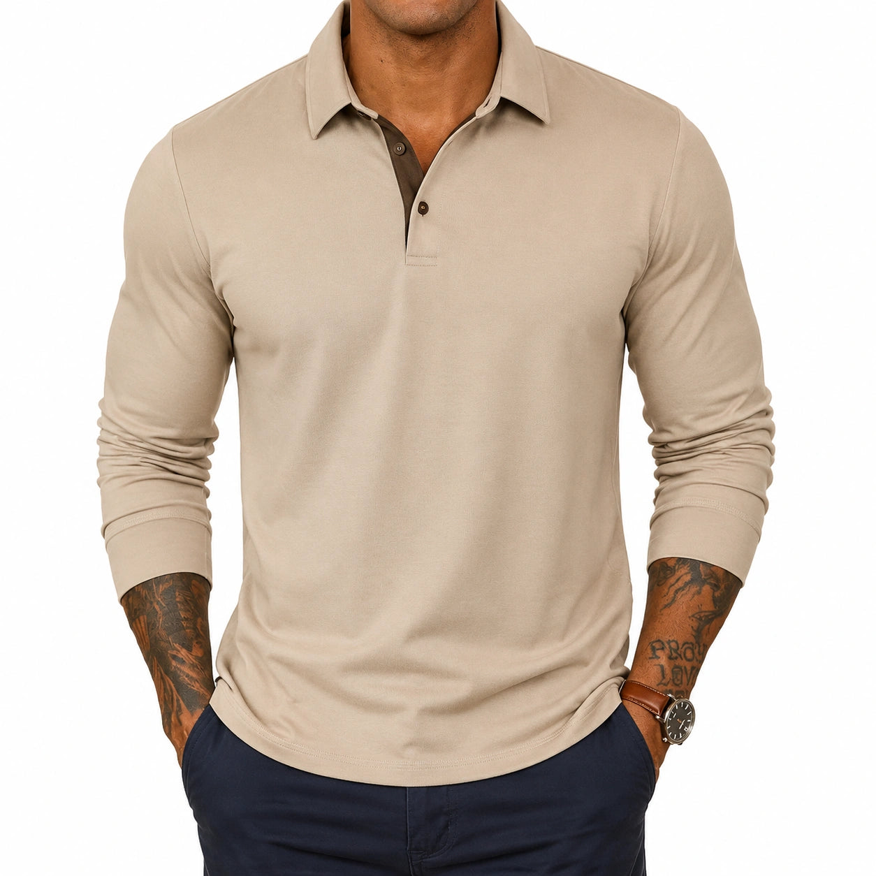 Polo homme taille M beige en tissu extensible à manches longues coupe ajustée