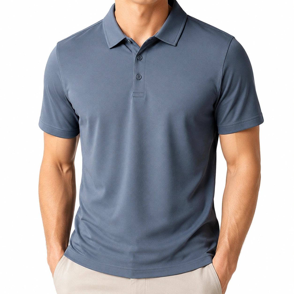 Polo homme M en tissu synthétique bleu ardoise à manches courtes style décontracté