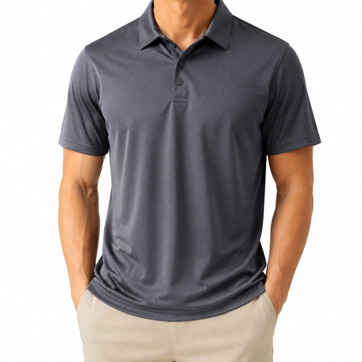 Polo homme taille L en maille synthétique gris anthracite à manches courtes décontracté