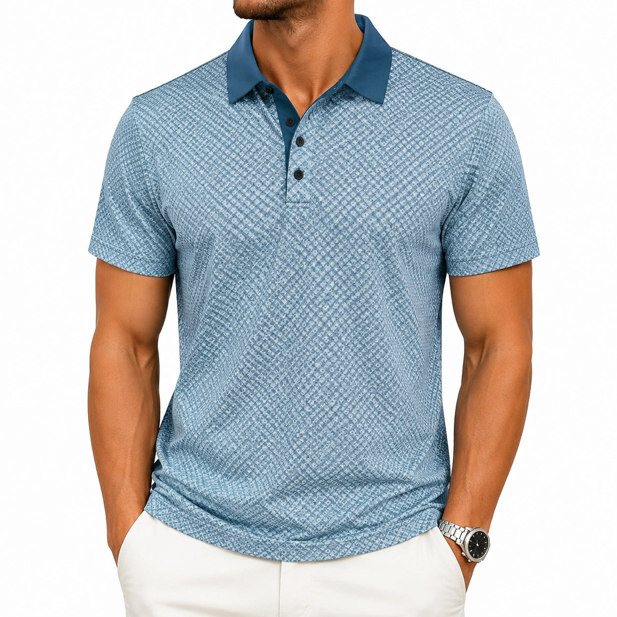 Polo homme taille L en maille textile bleu à motif géométrique manches courtes style décontracté