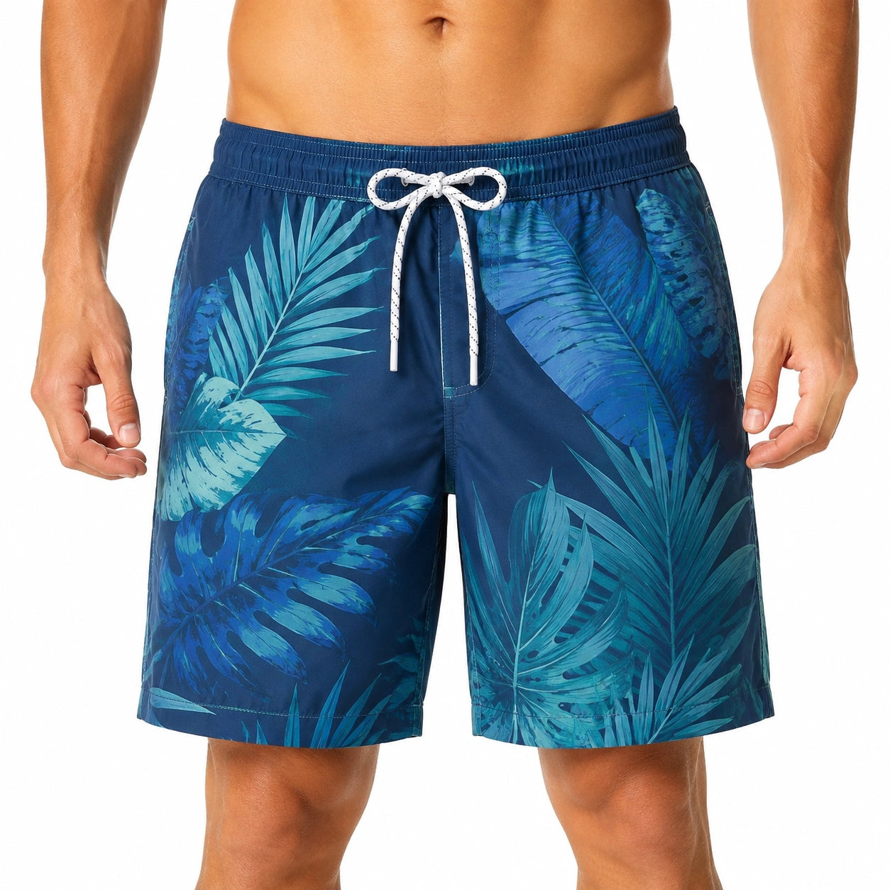 Short de bain homme M en polyester bleu à motif tropical avec cordon de serrage