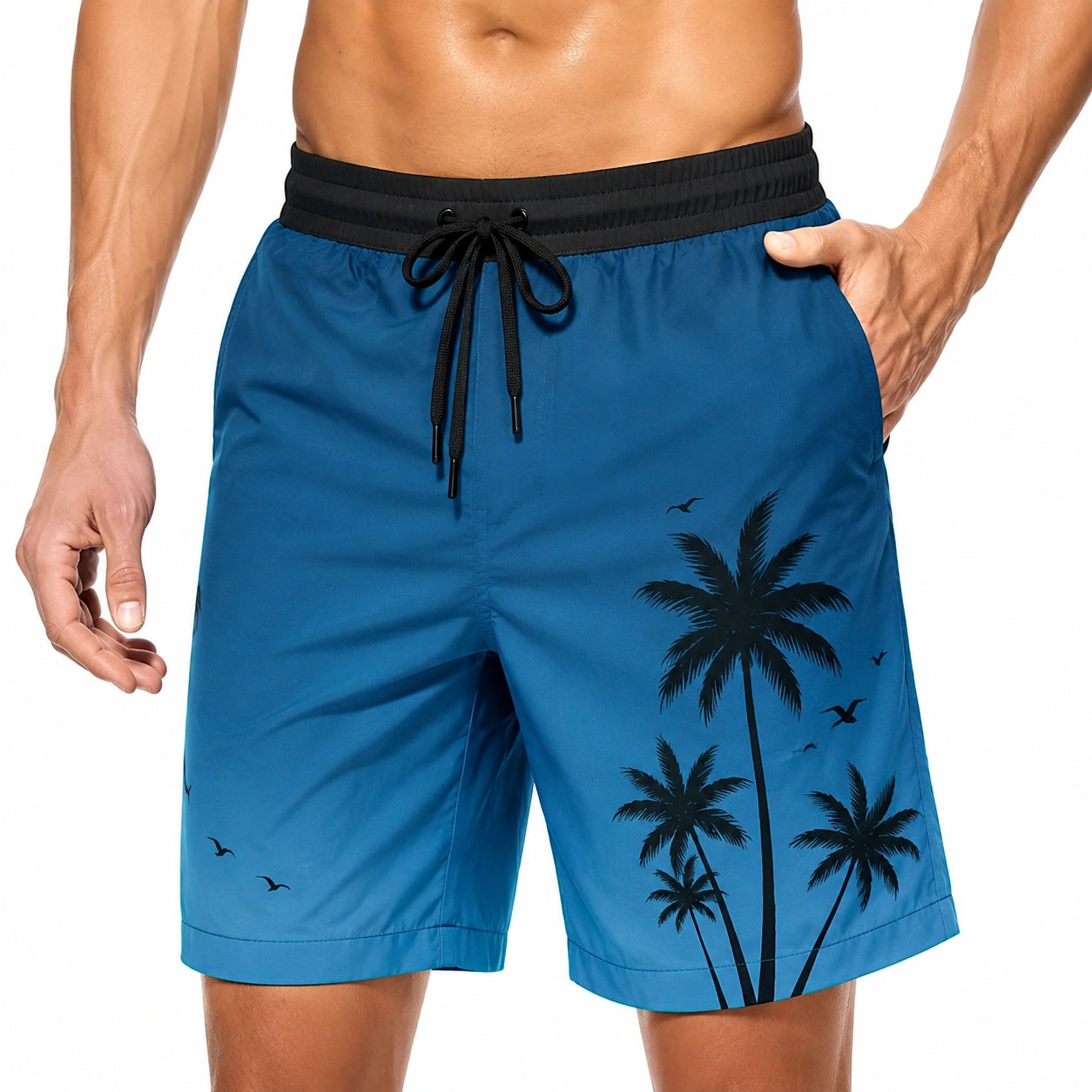Short de bain homme taille L bleu avec imprimé palmiers et taille ajustable