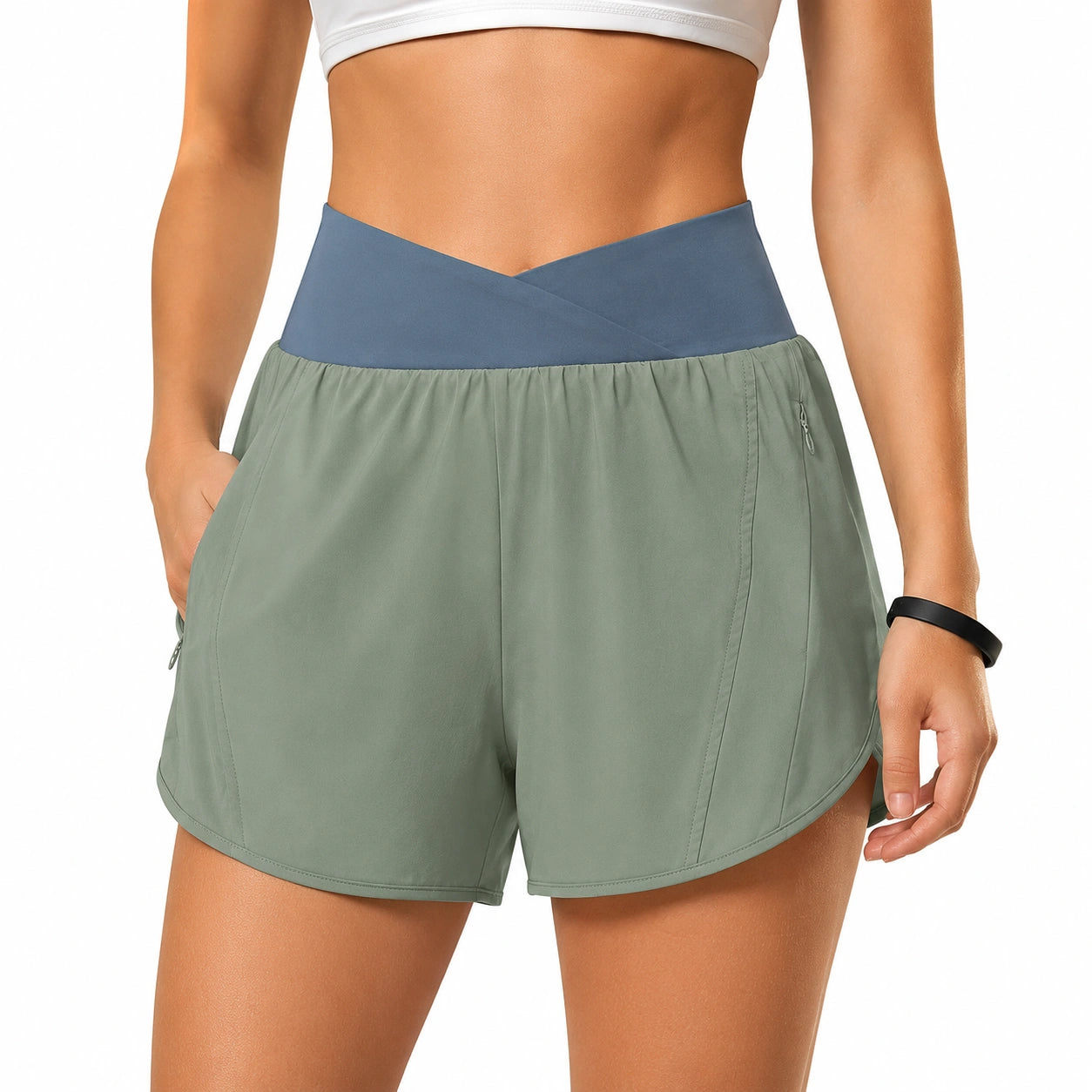 Short de sport femme M en textile synthétique vert sauge bleu taille haute