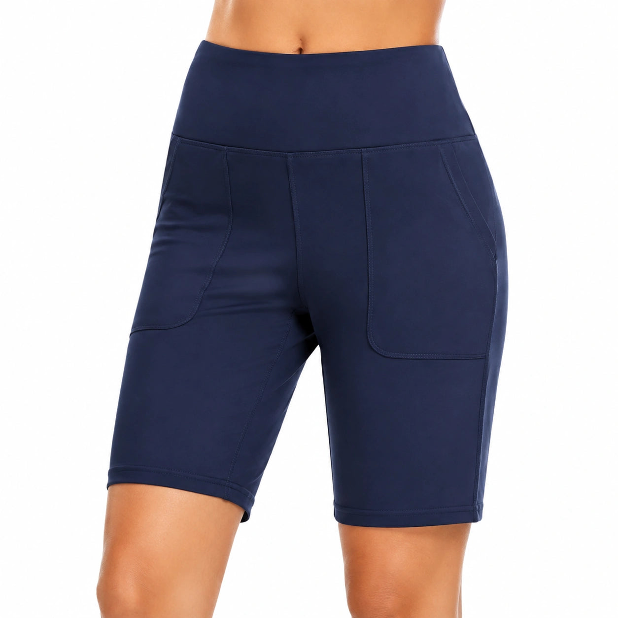 Short cycliste femme M en tissu extensible bleu marine à taille haute avec poches