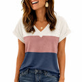 T-shirt femme M rose bleu et blanc col V manches courtes