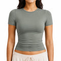 T-shirt femme M gris vert en tissu extensible coupe ajustée à manches courtes