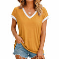 T-shirt femme M jaune moutarde à col V contrasté style décontracté