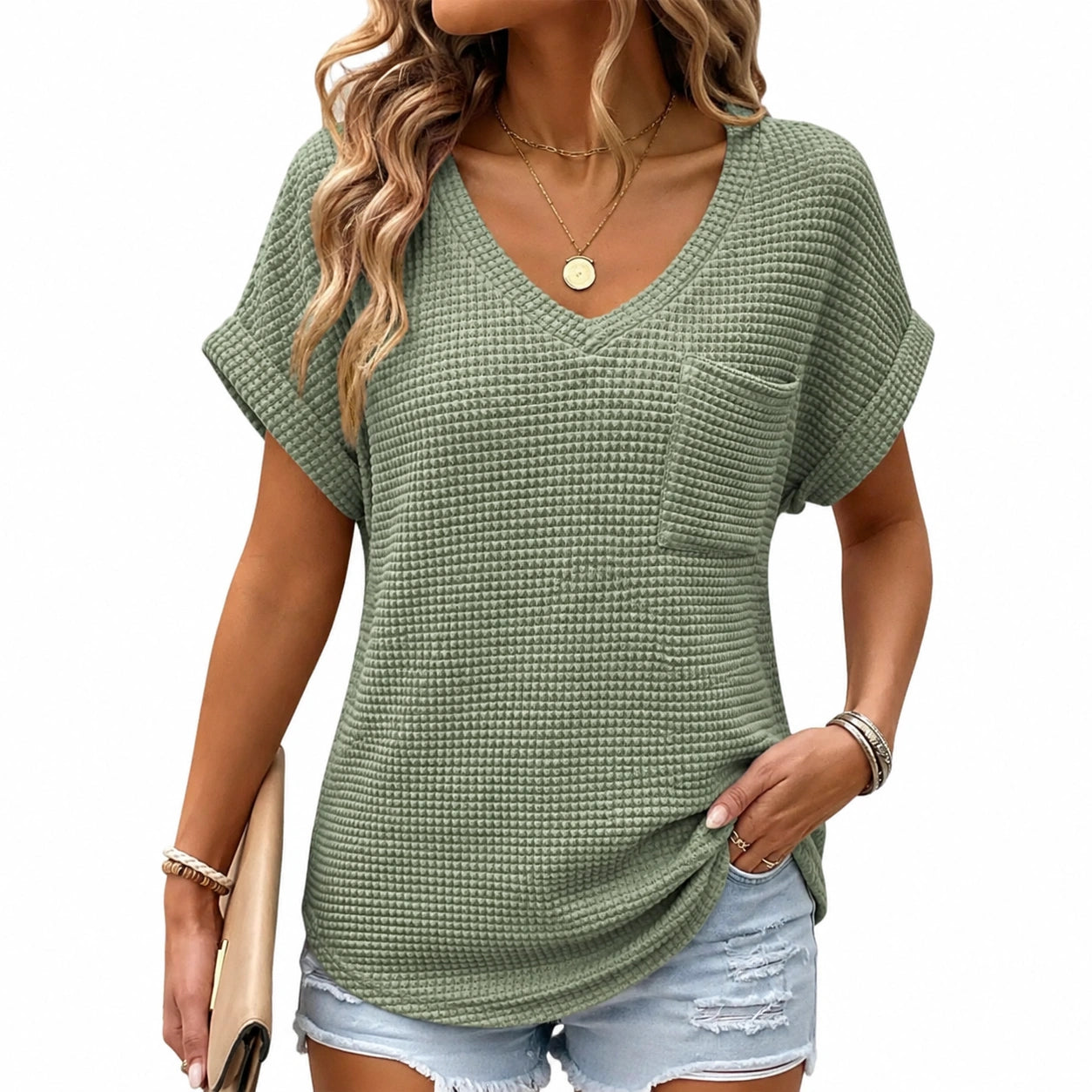 Haut femme M vert sauge en tissu texturé à col V coupe ample