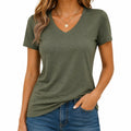 T-shirt femme taille S en tissu vert kaki à col V manches courtes style décontracté
