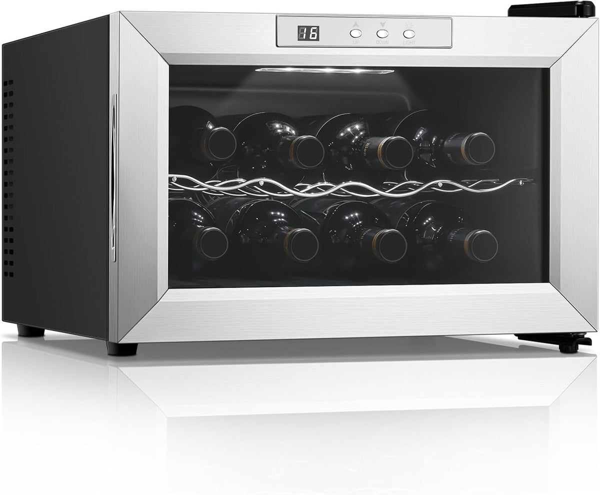 Cave à vin, acier inoxydable, éclairage LED, 8 Bouteilles, FOHERE, 8°C, 18°C, réglable, pose libre, Mini Réfrigérateur à Vin Pose Libre
