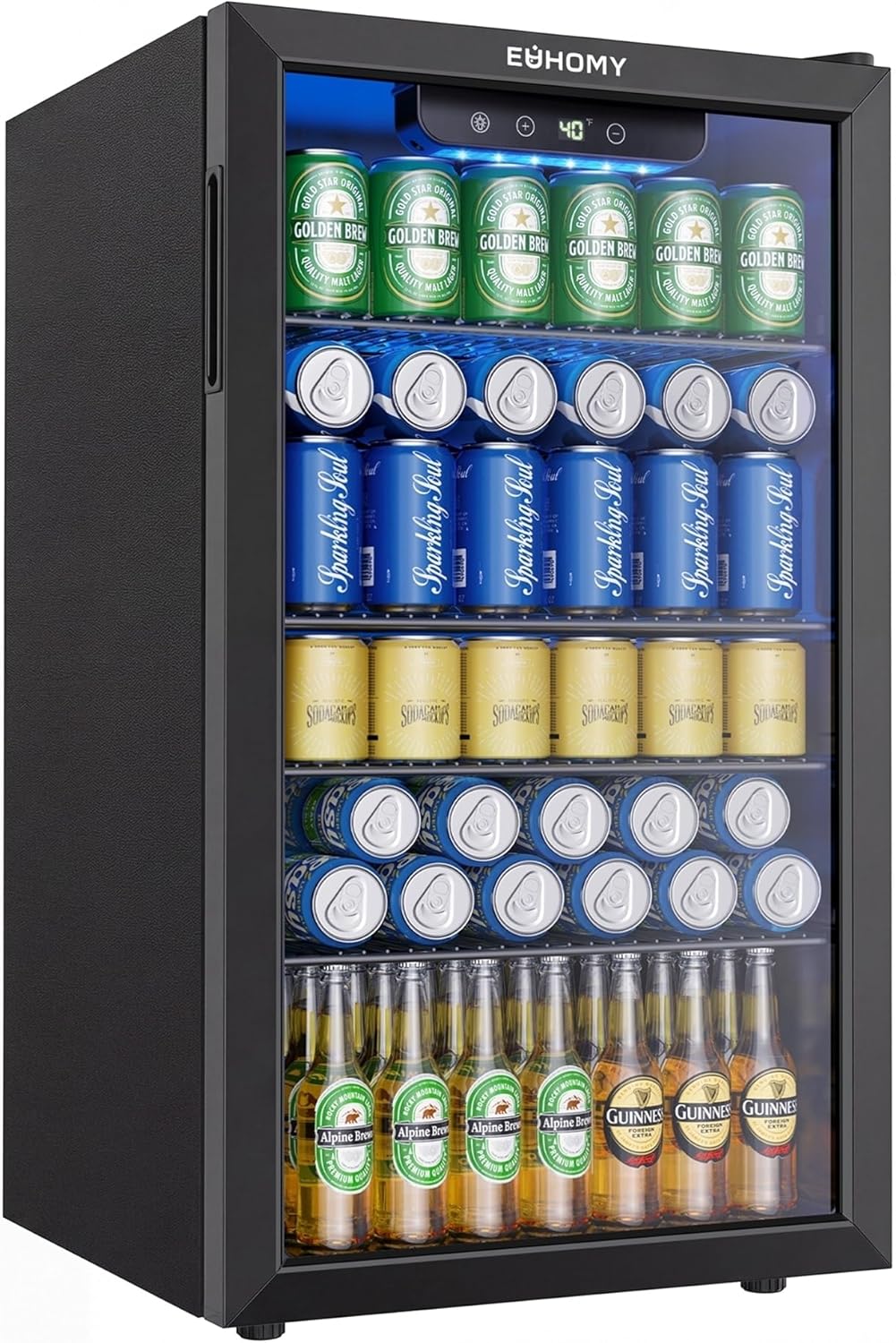 EUHOMY Mini réfrigérateur, 36dB, éclairage LED, réglable, Réfrigérateur à boissons avec porte vitrée, Noir, pose libre