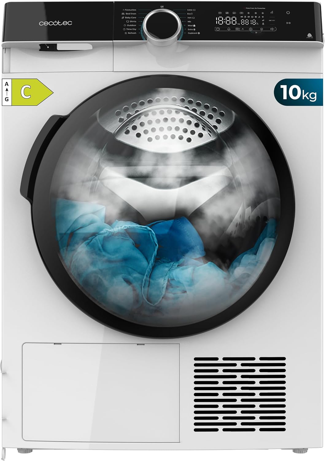 Cecotec Sèche-linge, 10 kg, moteur Inverter, 14 programmes, Blanc, pompe à chaleur, Classe Équivalente A+++, Fonctions comme UV Care