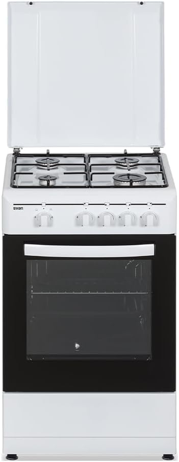SVAN Cuisinière, 43 L, verre, 87 × 50 × 56 cm, 50 cm, Four 43 L, SKG4500TM, 4 Zones, 2 Programmes, 43L, 4 brûleurs, Blanc, Type Gaz