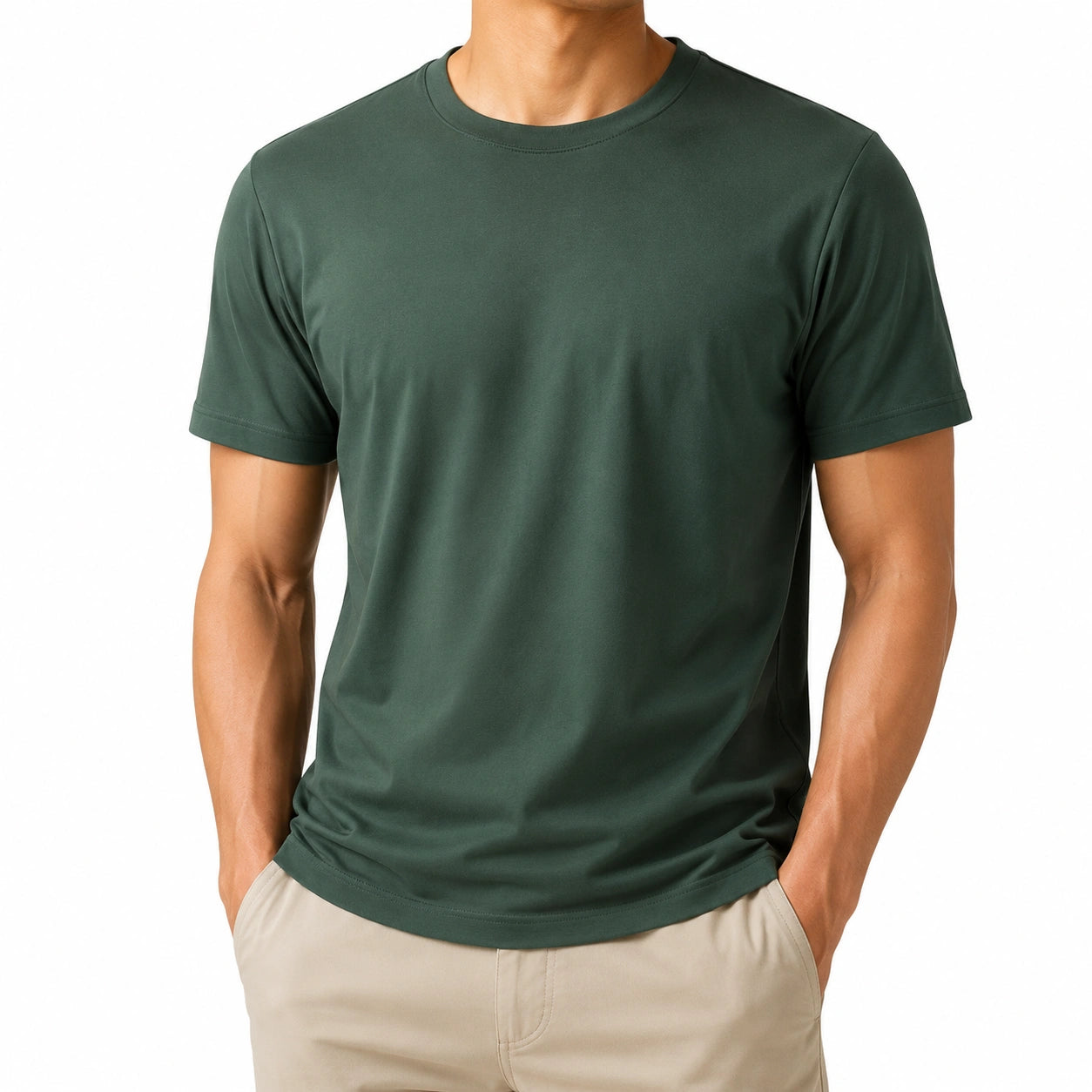T-shirt homme taille M vert foncé en tissu lisse à col rond manches courtes