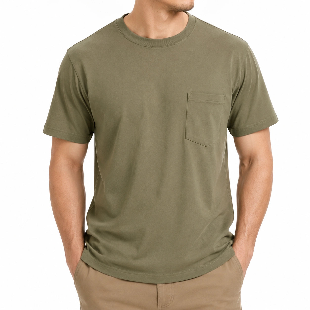 T-shirt homme taille L en coton vert kaki à poche poitrine style décontracté
