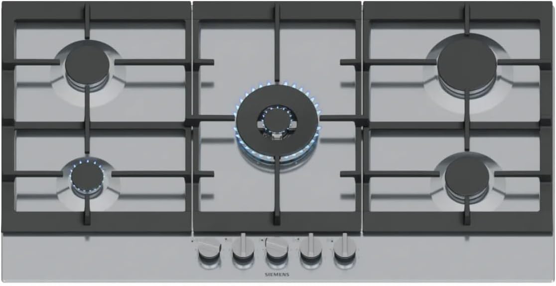 SIEMENS EC9A5RI90 Plaque de cuisson, 90 cm, acier inoxydable, 1000 W, 1750 W, 90cm, 12500w, 5 brûleurs, 0 brûleur