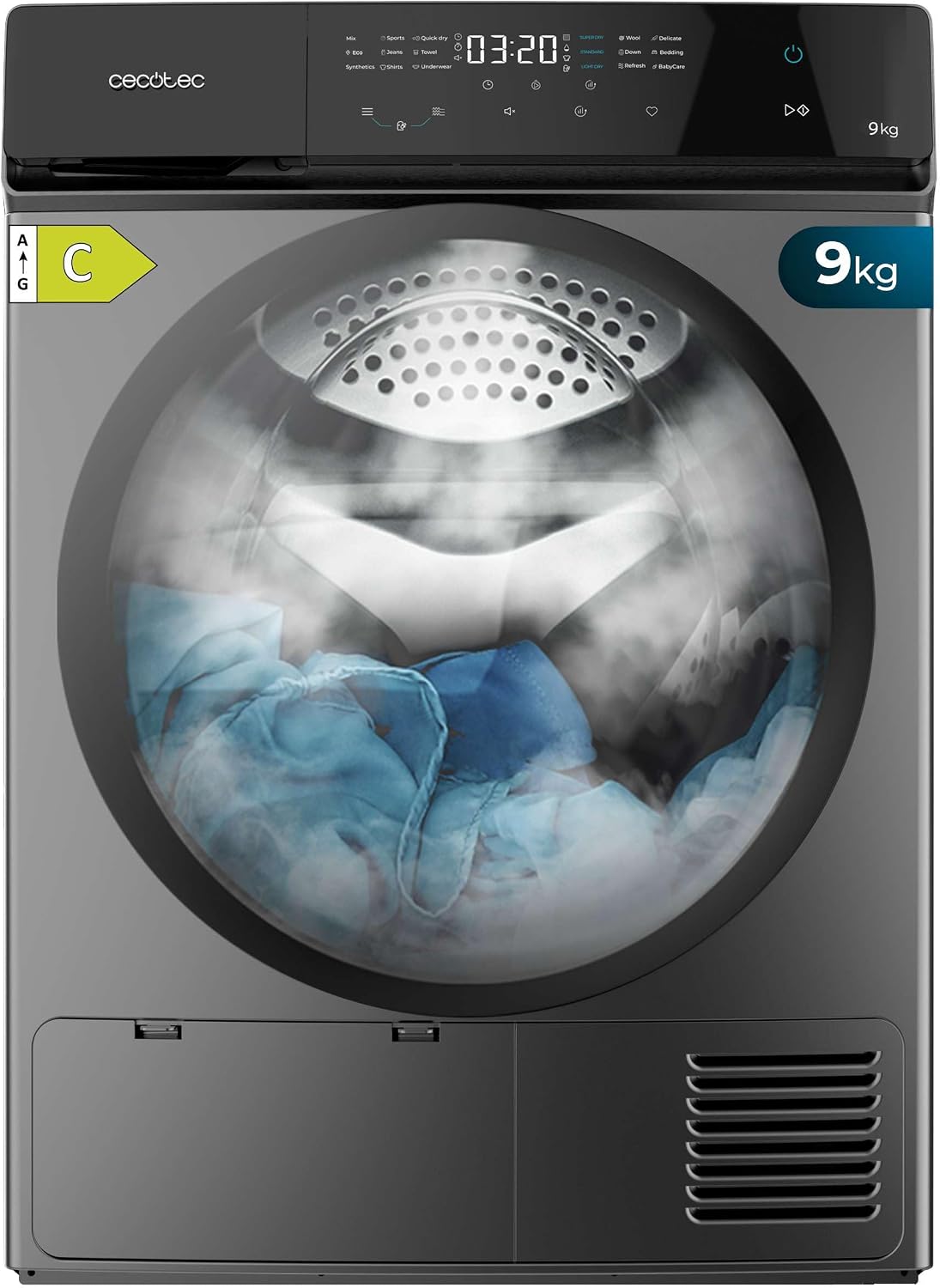 Cecotec Sèche-linge, moteur Inverter, acier inoxydable, 9 kg, 15 programmes, pompe à chaleur, Classe Équivalente A+++, Séchage Automatique