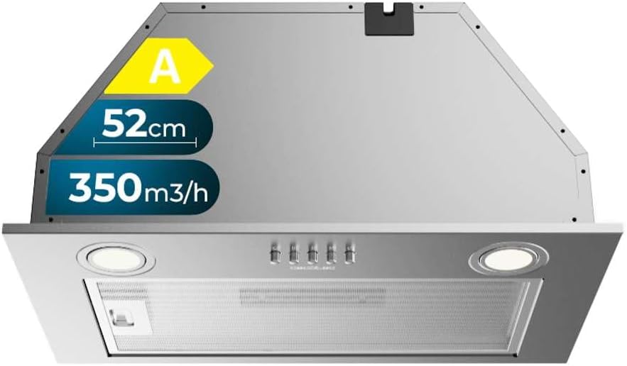 Hotte aspirante Cecotec 350m3, acier inoxydable, éclairage LED, 3 niveaux, 52 cm, 70 W, 70 cm, 3 niveaux de puissance, 52cm, 350m3/h, 70W, 350 m3/h