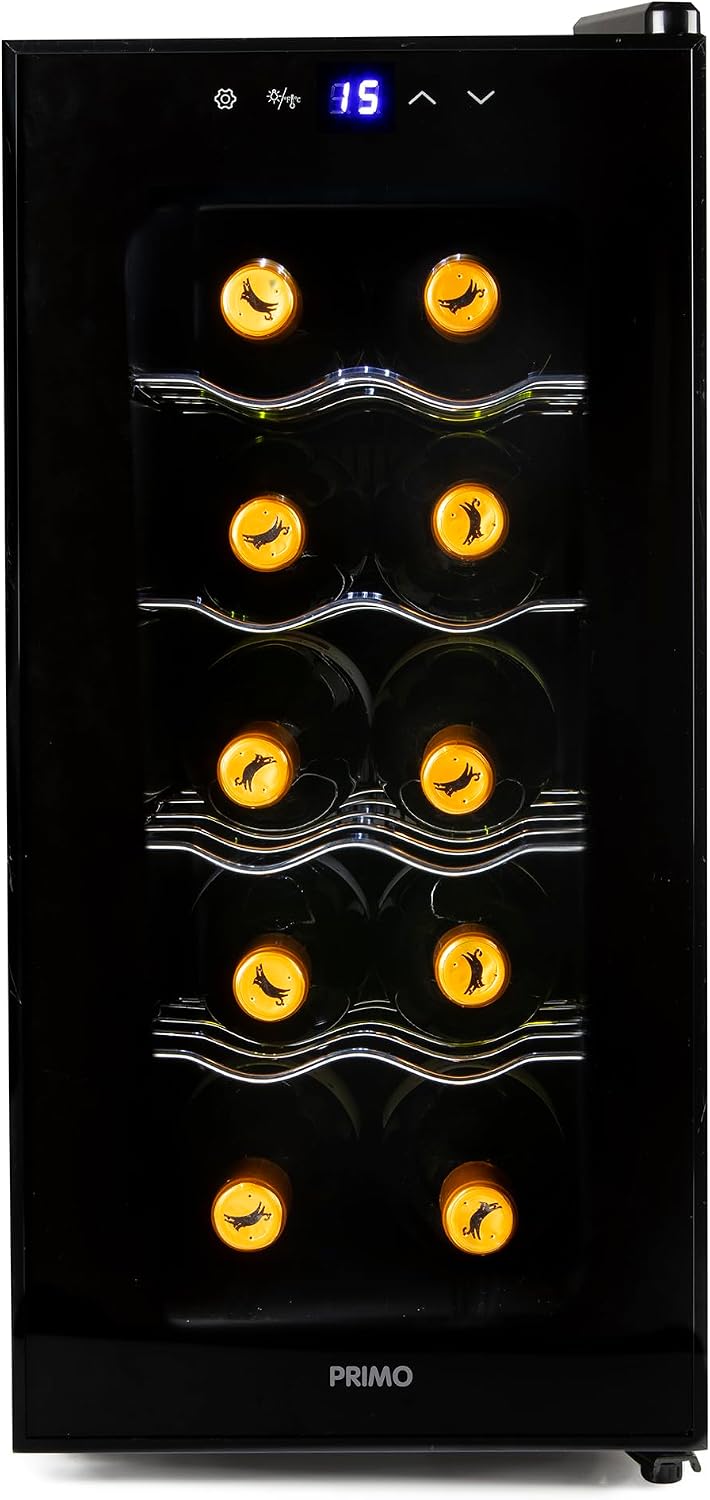 Cave à vin, verre, éclairage LED, 51, 5 × 26, 5 × 56, 5 cm, PRIMO, PR170WK, 10 Bouteilles, 18°C, 15, 5°C, 11°C, 15°C, 13°C, réglable, Noir, pose libre