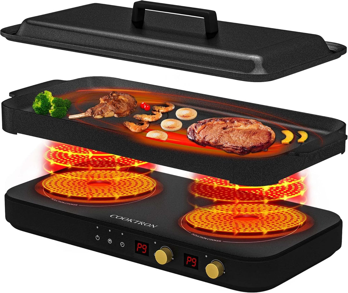 COOKTRON Plaque de cuisson, 1800 W, verre, 9 niveaux, 2 brûleurs, minuterie de 99 min, portable, fonction gril