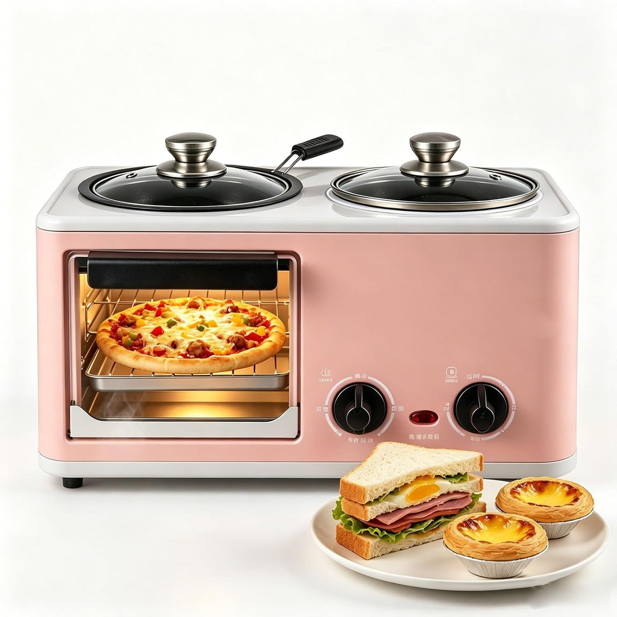 Knupis Machine à petit-déjeuner 3 en, 1 L, 9 L, minuterie, poêle à griller antiadhésive, contrôle de la température à deux zones