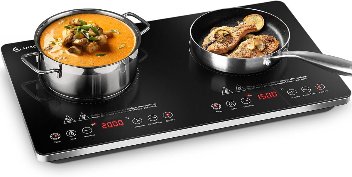 Plaque à induction, 20 Niveaux, acier inoxydable, AMZCHEF, 24 cm, 15 niveaux, 20 Niveaux de Température, 3500W, 2 zones, minuterie