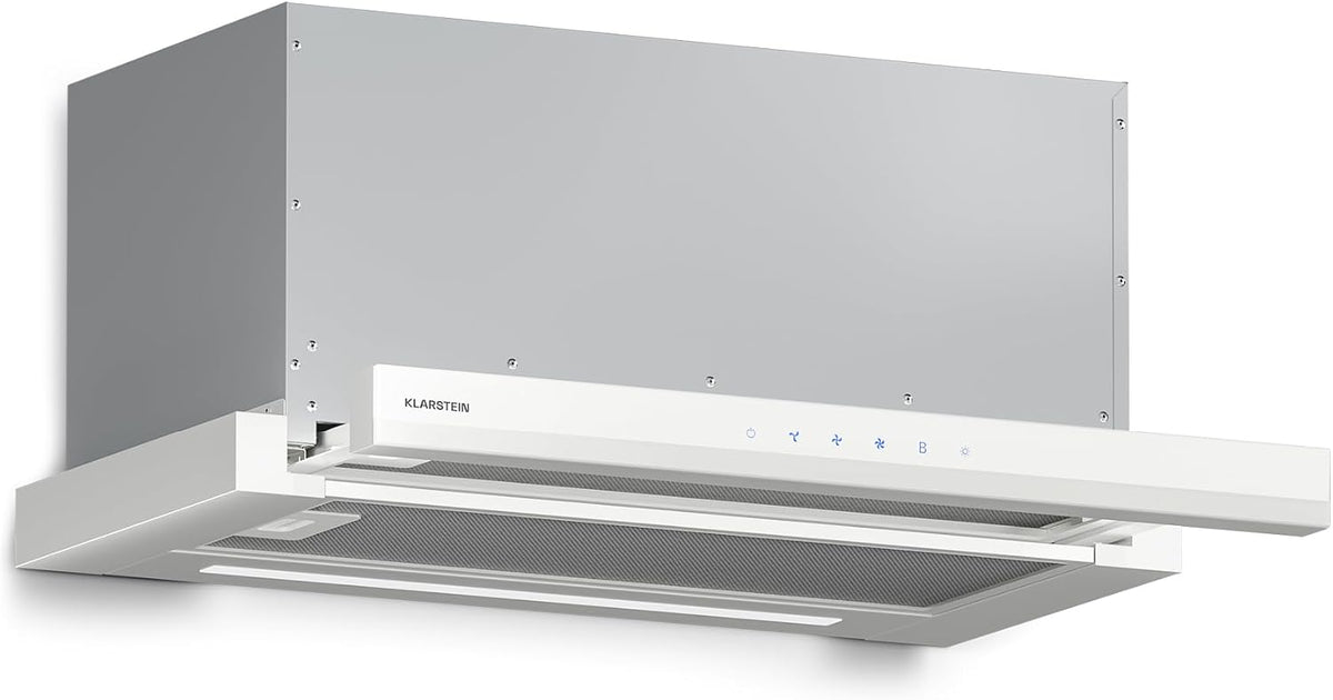 Hotte aspirante KLARSTEIN, verre, éclairage LED, 60cm, 896 m3/h, Blanc, Hotte à Tiroir, Classe A++, Commandes Tactiles, Filtre Charbon