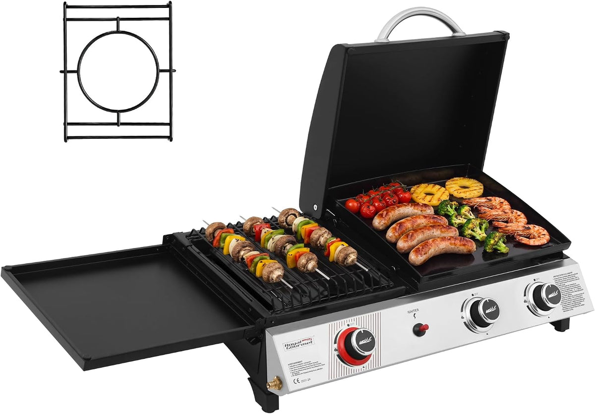 Barbecue, acier inoxydable, Adapté pour le Camping et l' Extérieur, 3 en 1 Plancha et Grille en Émaillés Combinés avec Couvercle, Royal Gourmet