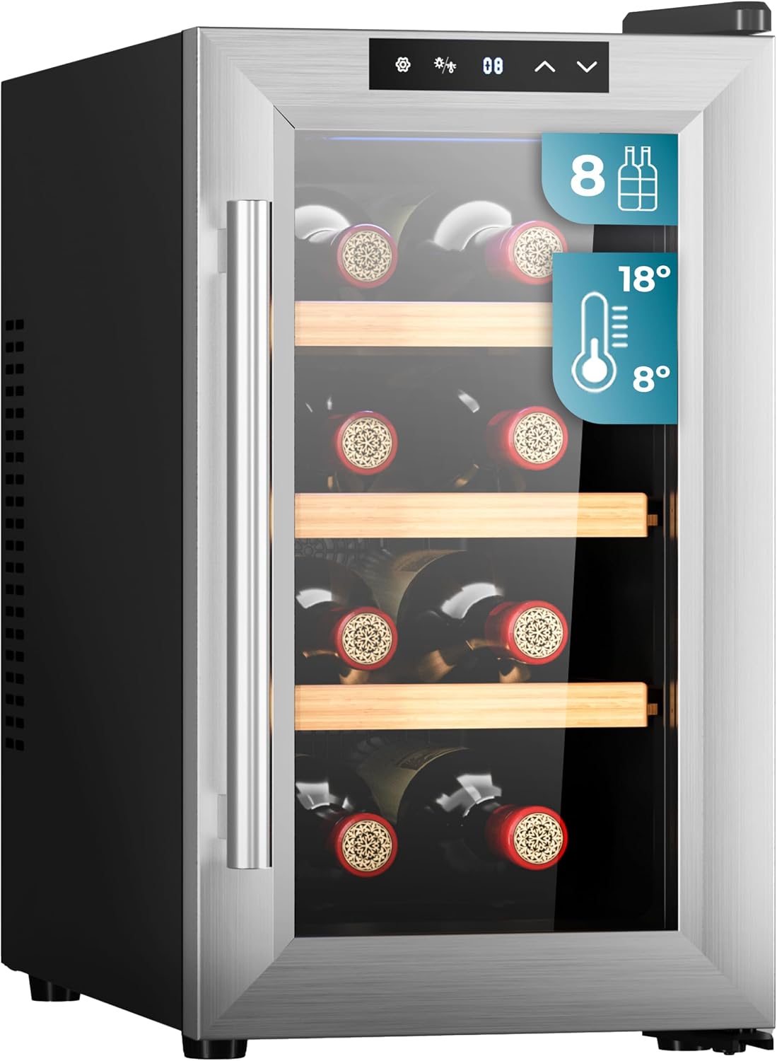 Cave à vin, Température réglable: 8-18°C, 35 dB, Cecotec, Faible niveau sonore et haute performance, 8 bouteilles, éclairage LED, commande tactile
