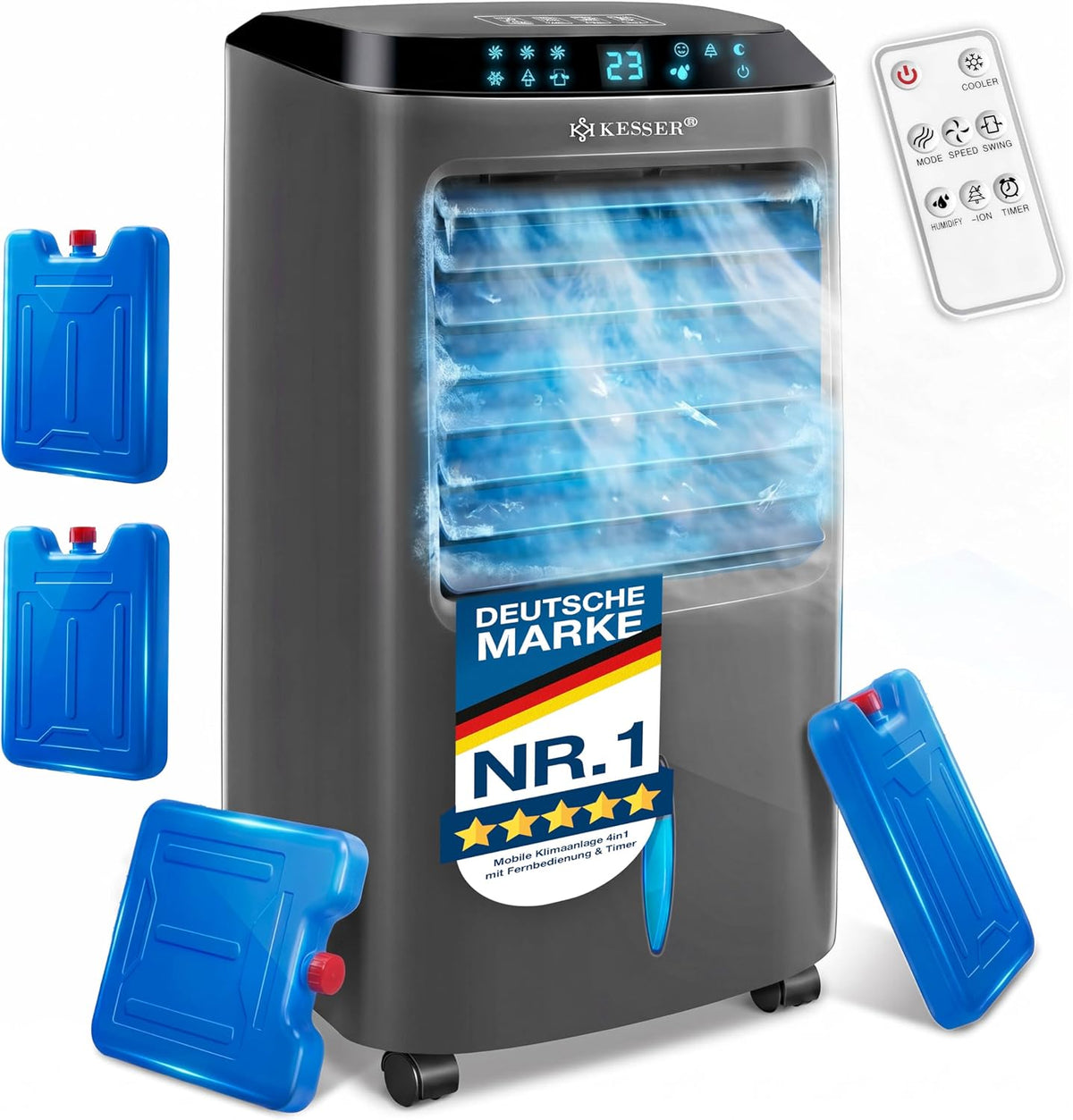 KESSER Climatiseur, 10 L, télécommande, réservoir d'eau de 10 L, Refroidisseur d'air avec télécommande et minuterie, éclairage LED, réglable