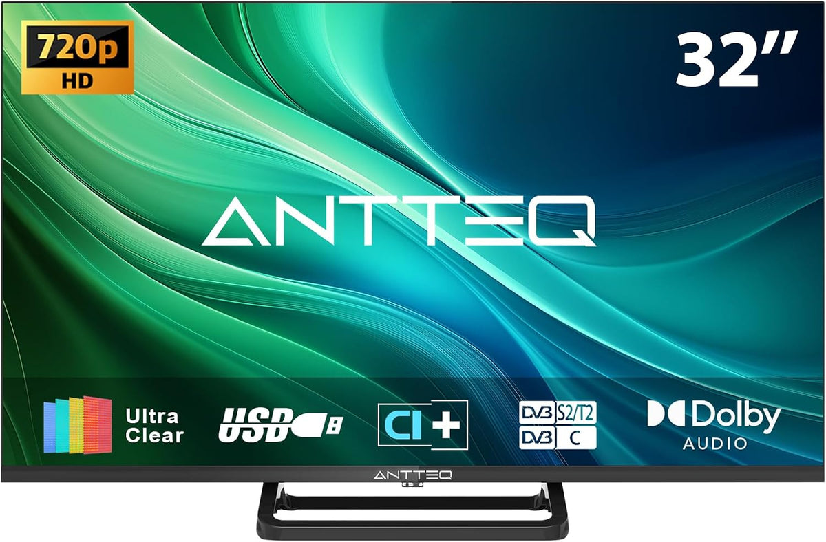 Antteq 720p Téléviseur, 32 pouces, support central TV 720p Freeview HD Dolby Audio DVB T2/S2 LED, TV 32 pouces, éclairage LED