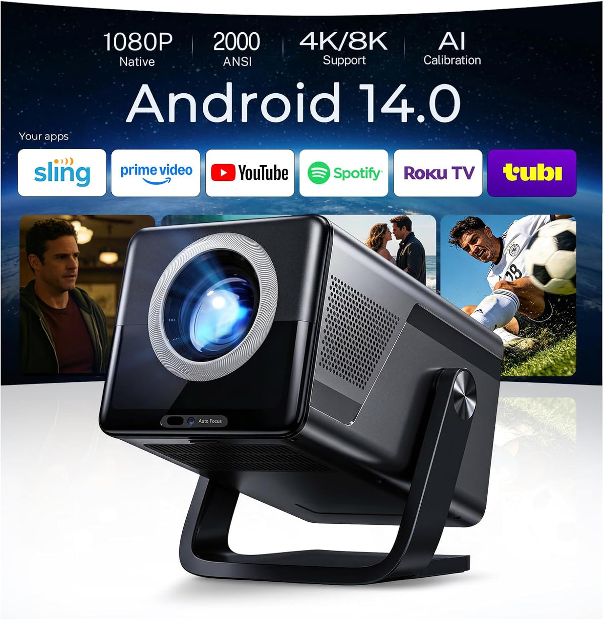 Vidéoprojecteur, Android 14 Projecteur Portatif avec son Hi-Fi, WEMI, 1080P, Wi-Fi
