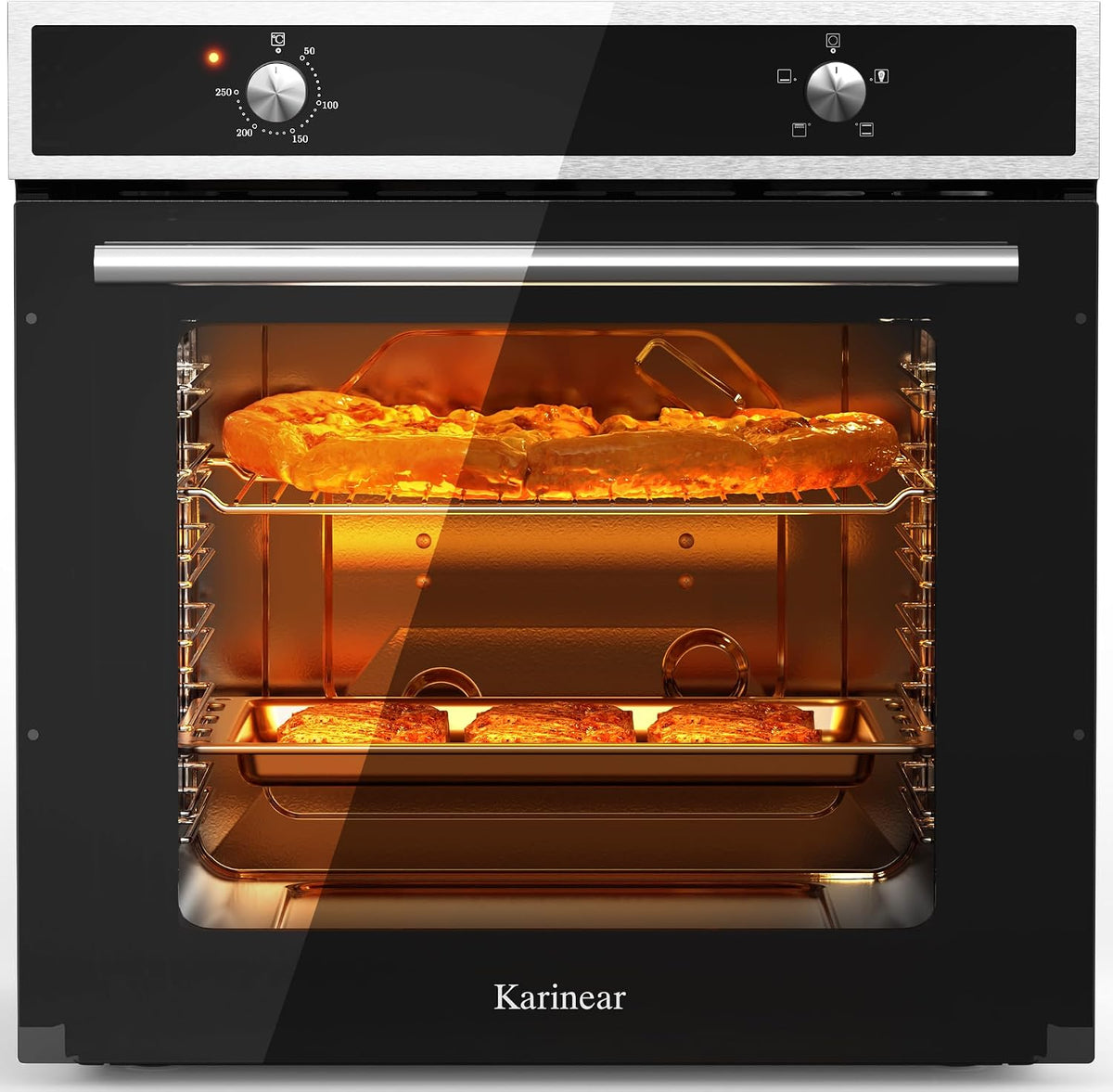 Karinear Four encastrable, Four Electrique 60 cm avec Bouton de Commande, avec Panneau en Verre Trempé, 65 L, 595 × 470 × 595 mm