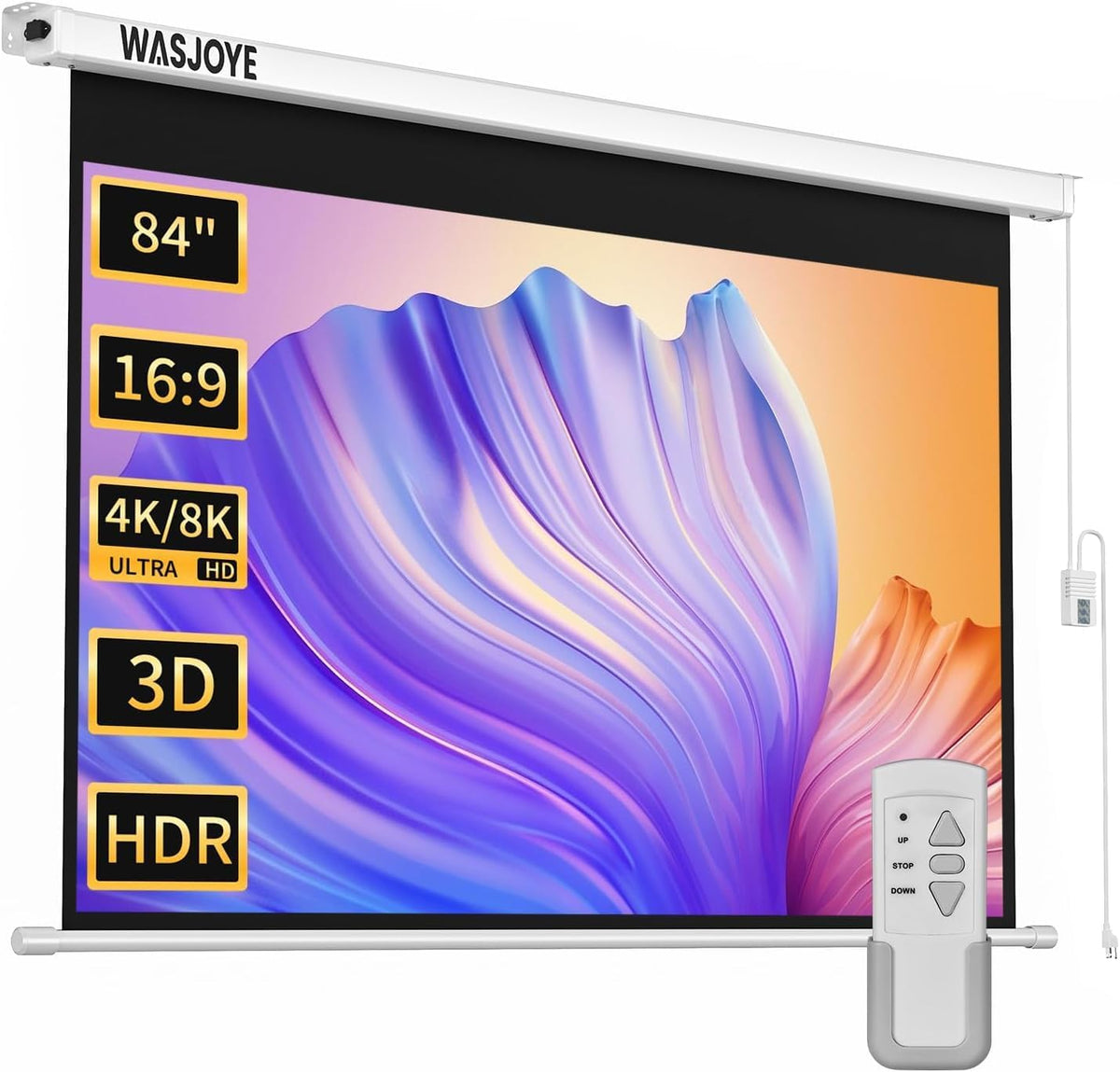 WASJOYE Écran de projection, télécommande, 84 pouces, 85.31 pouces, 61 pouces