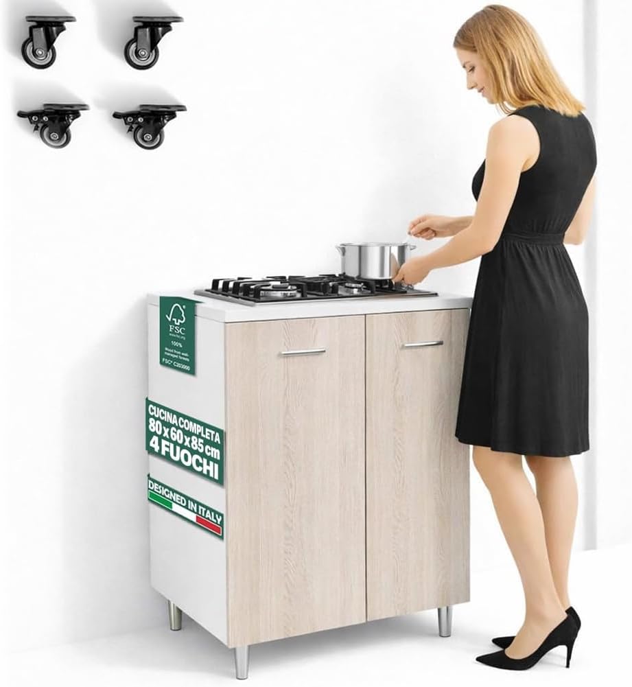 Cuisine d'extérieur, acier inoxydable, montage avec pieds fixes ou roues, 80 × 60 × 85 cm, Shally Dogan, 2 portes, plateau de cuisson à 4 feux