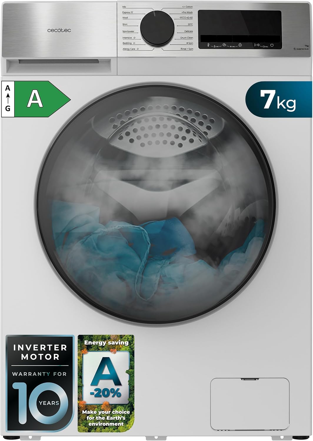 Cecotec A-10 Lave-linge, 1200 tr/min, éclairage LED, acier inoxydable, 1850W, 7Kg, 16 programmes, Classe A-10%, Panneau Inox, Blanc, Pearl Drum